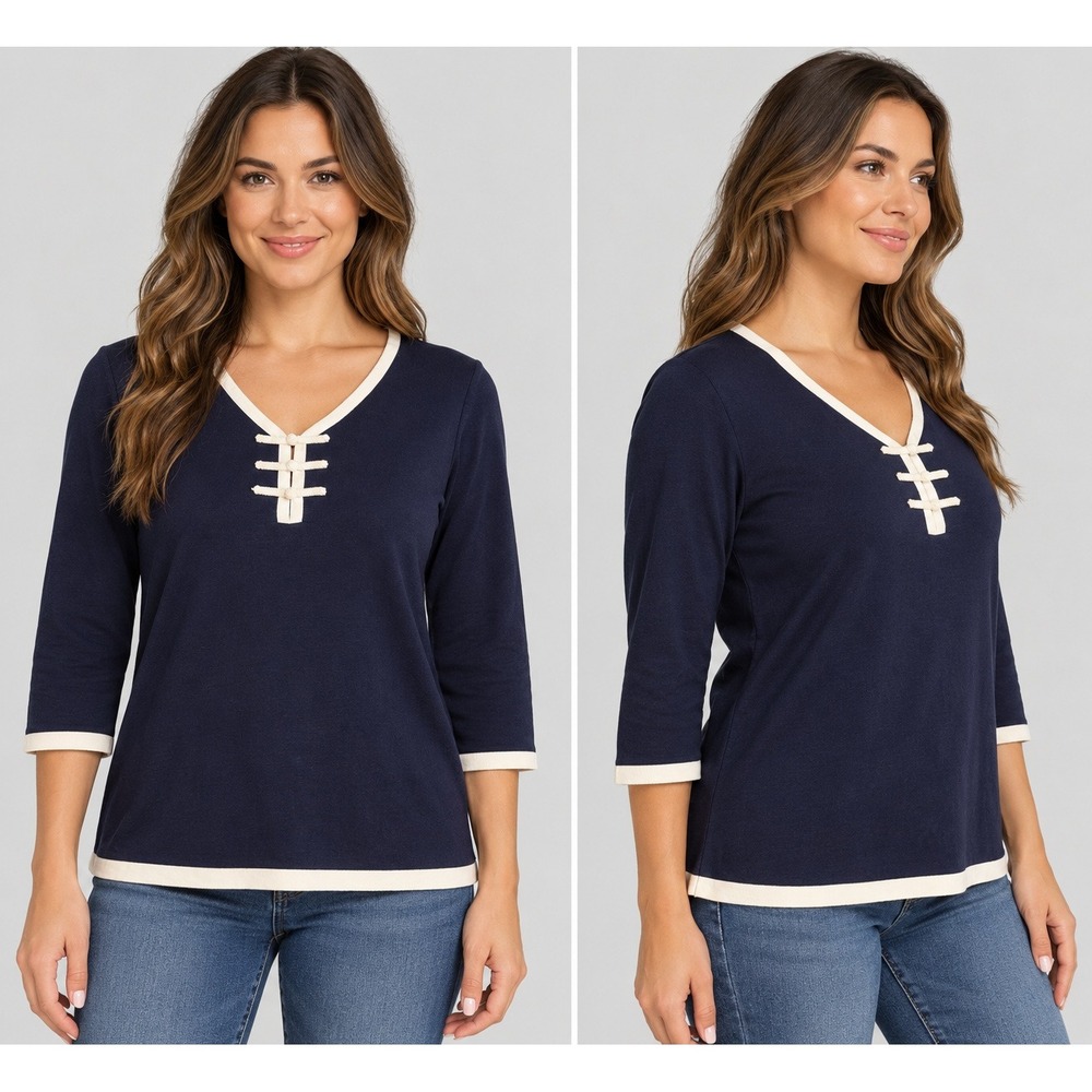 Jones New York Sport Navy Blue Cotton Knit Top Frog Closure 3/4 Sleeve Large NWT